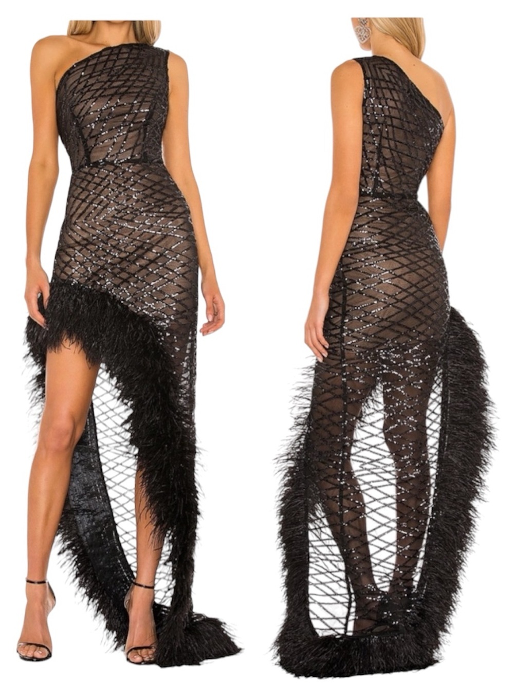Bronx and Banco Lola Sheer Sequin Mesh Feather Gown Asymmetrical Maxi Dress XL
